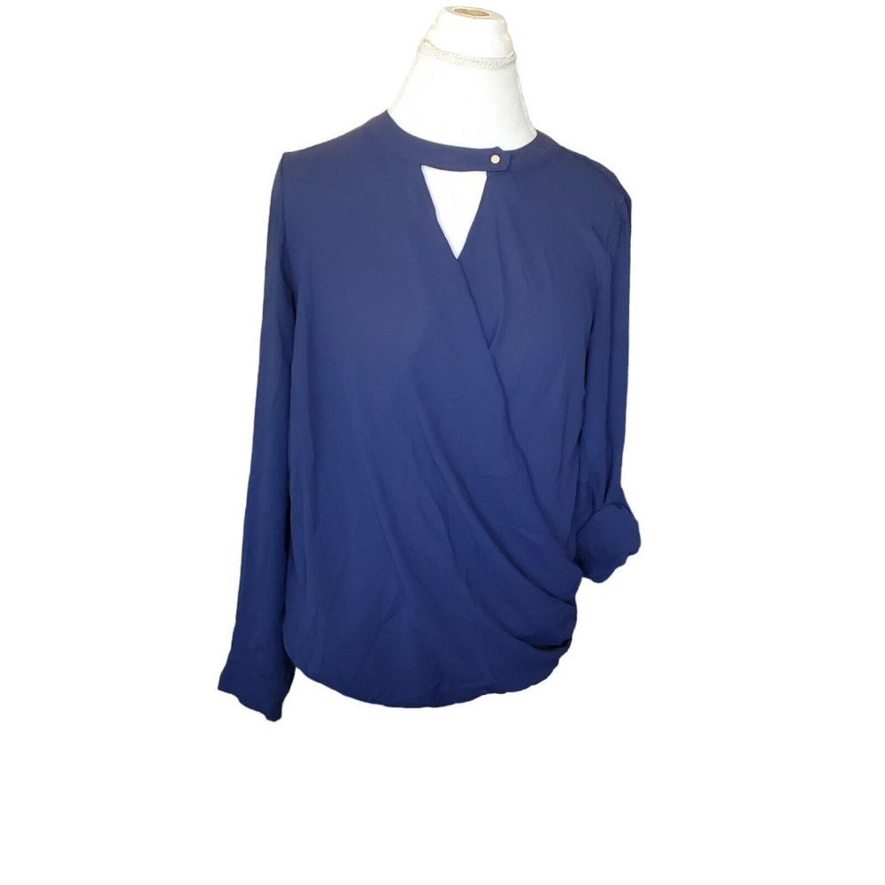 Womens Medium Blue Faux Wrap Roll Tab Choker Blouse Business Casual